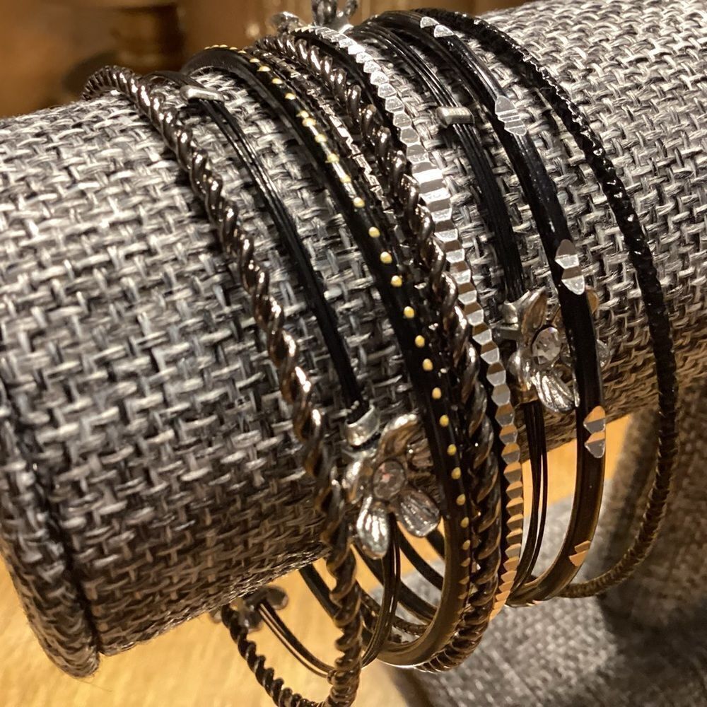 Set of 9 Gunmetal and Black Metal Bangle Bracelets